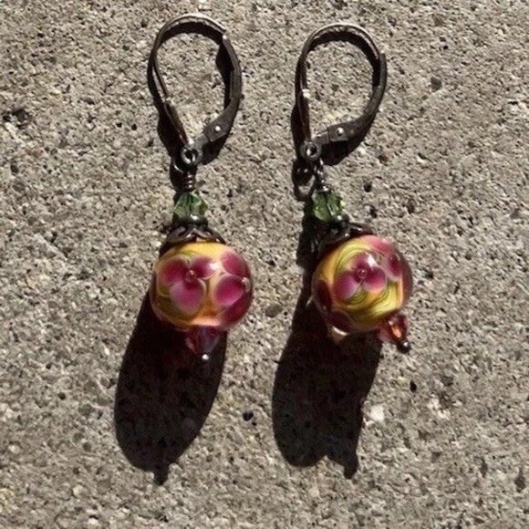 Vintage Sterling Silver Dangle Floral Beaded Pink Multicolor Flower Earrings - Picture 4 of 10